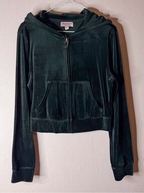 Juicy Couture Black Velour Zip Hoodie With Bling Juicy Logo.
